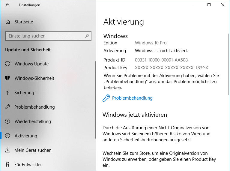 Die Aktivierungsseite in Windows 10.