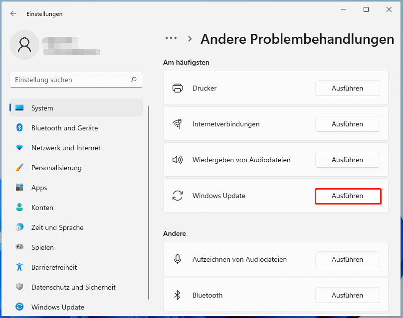 Ausführen der Windows Update-Problembehandlung unter Windows 11.