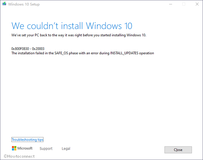 Die Fehlermeldung Windows 10 konnte nicht installiert werden.
