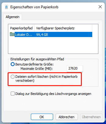 Deaktivieren Sie das Kontrollkästchen Dateien nicht in den Papierkorb verschieben.