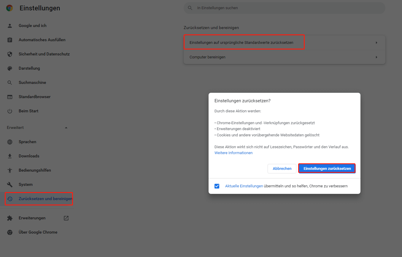Chrome zurücksetzen