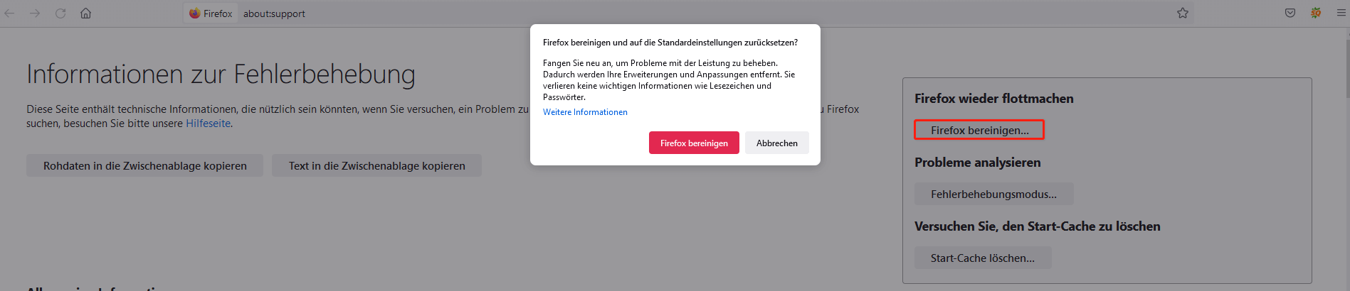 Firefox auf die Standardeinstellungen zurücksetzen