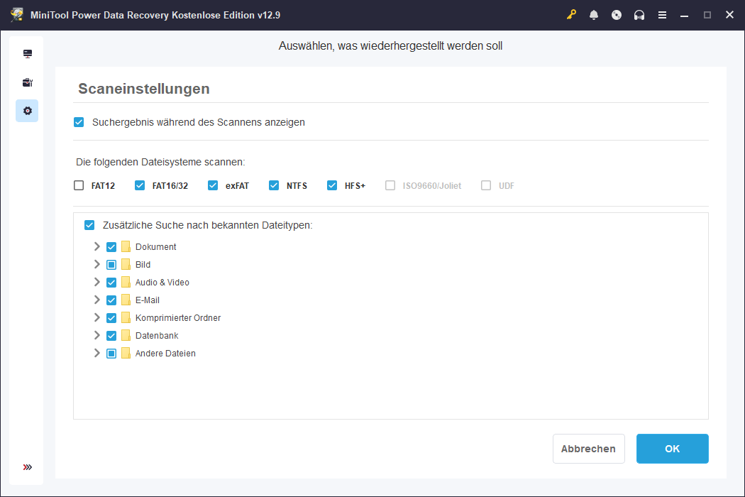 Scaneinstellungen in MiniTool Power Data Recovery.