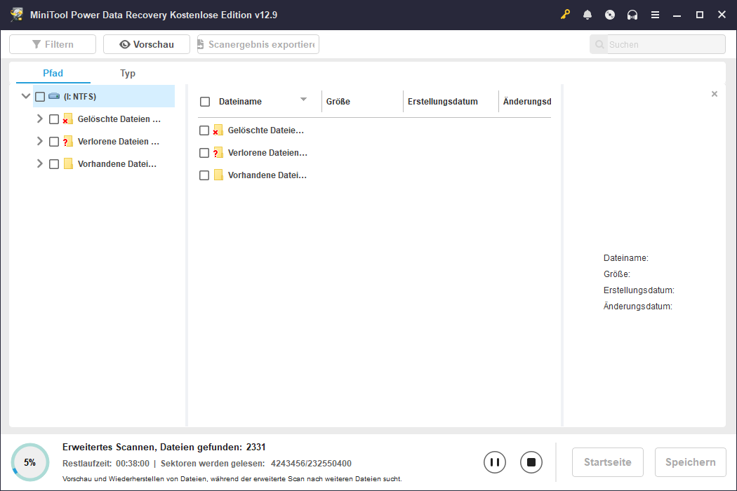 MiniTool Power Data Recovery führt gerade einen Scan durch.