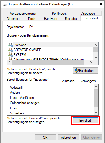 Wechseln Sie zur Registerkarte Sicherheit und klicken Sie dann in diesem Fenster auf die Schaltfläche Erweitert.
