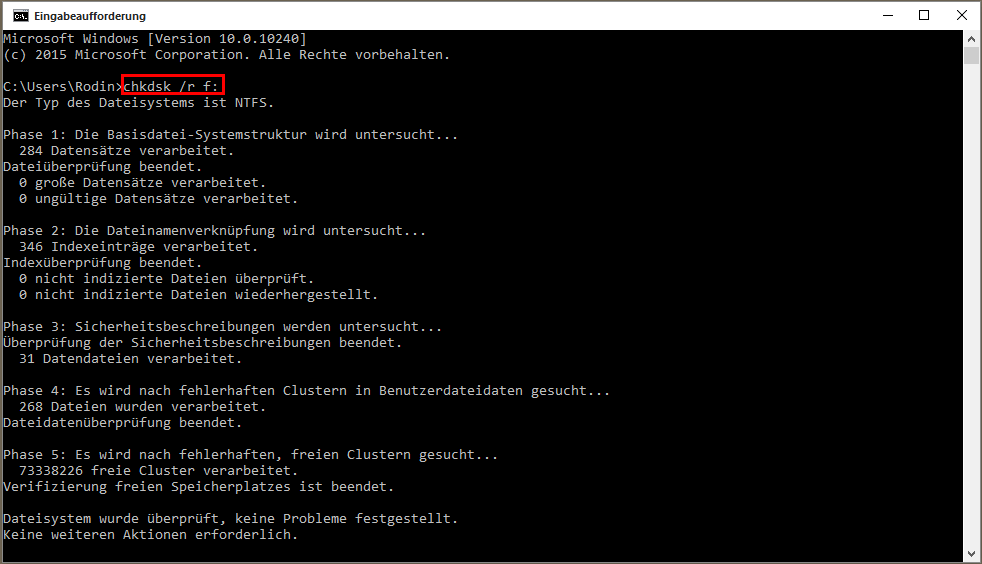 Geben Sie chkdsk / r f: in das Eingabeforderungsfenster ein und drücken Sie die Eingabetaste.