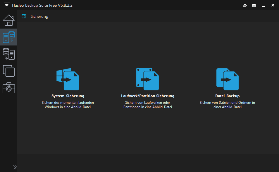 Die Benutzeroberfläche von Hasleo Backup Suite.