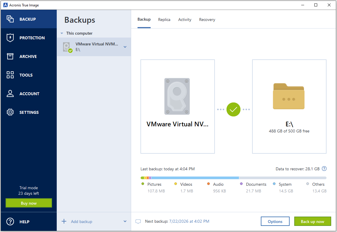 Die Benutzeroberfläche von Acronis True Image.