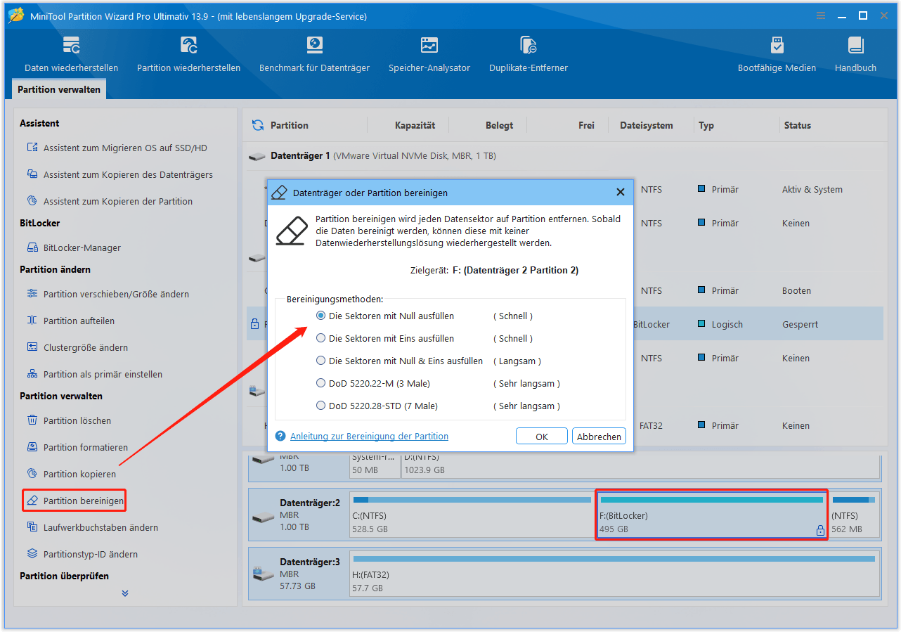 Löschmethode für BitLocker-verschlüsseltes Laufwerk auf einer internen Festplatte auswählen.