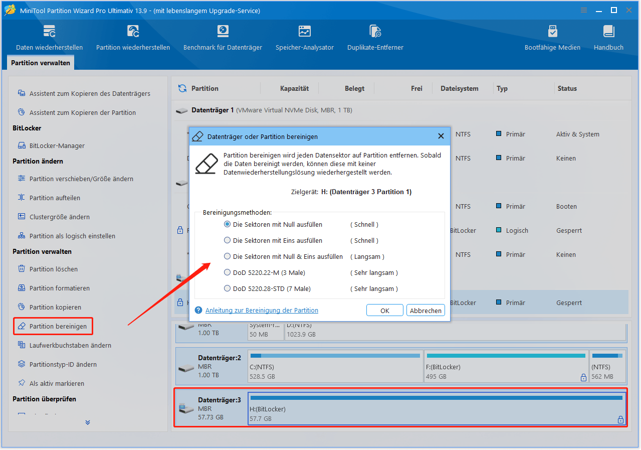 Löschmethode für das ganze BitLocker-verschlüsselte Laufwerk auswählen.