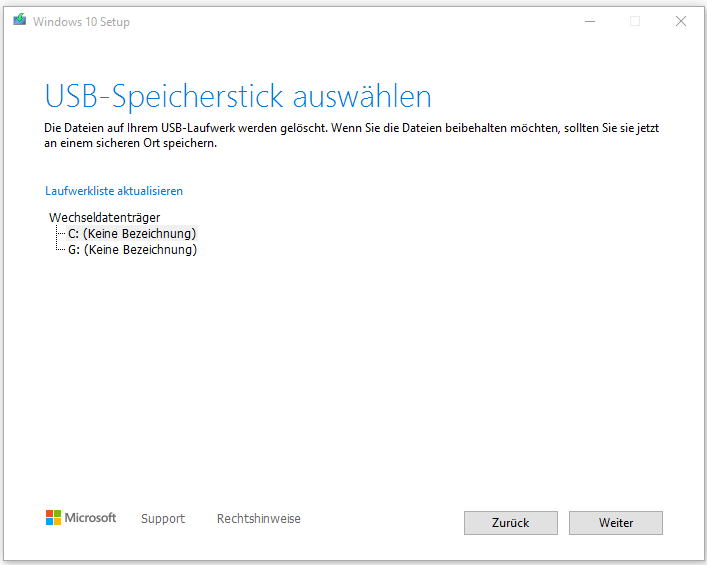 Wählen Sie einen USB-Speicherstick aus
