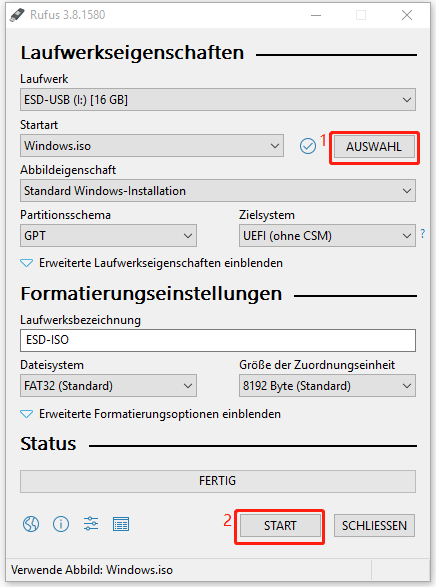 Verwenden Sie Rufus, um das USB-Laufwerk zu brennen
