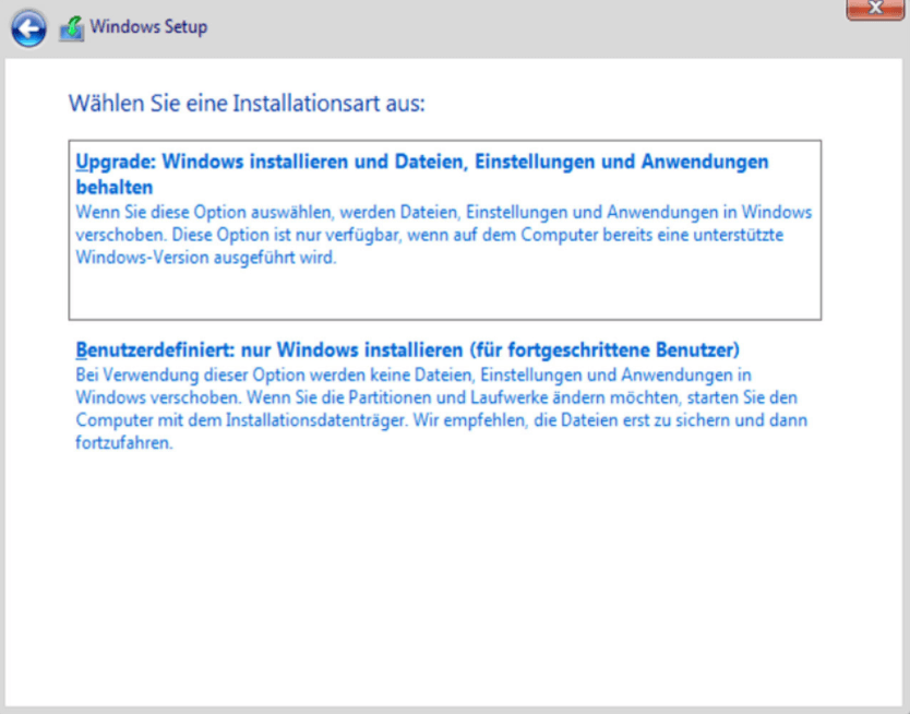 Wählen Sie Windows benutzerdefinierte installieren