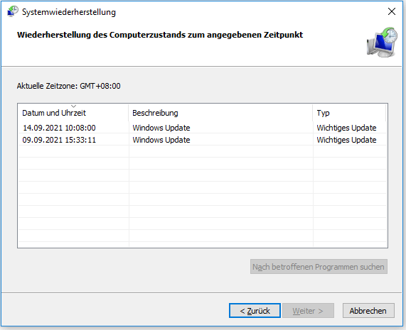 Wählen Sie den erstellten Wiederherstellungspunkt aus.