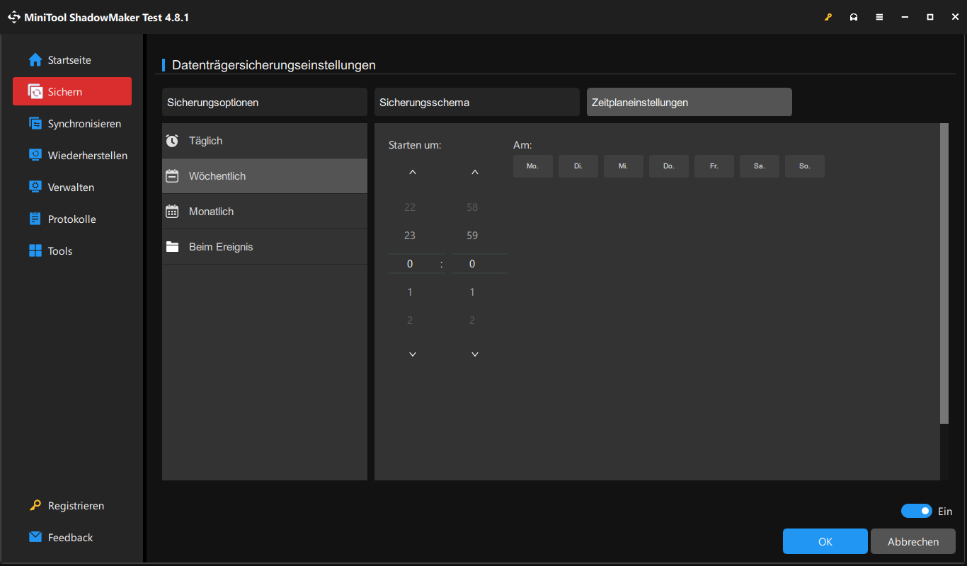 Die Registerkarte Sichern in MiniTool ShadowMaker für die automatische Dateisicherung.