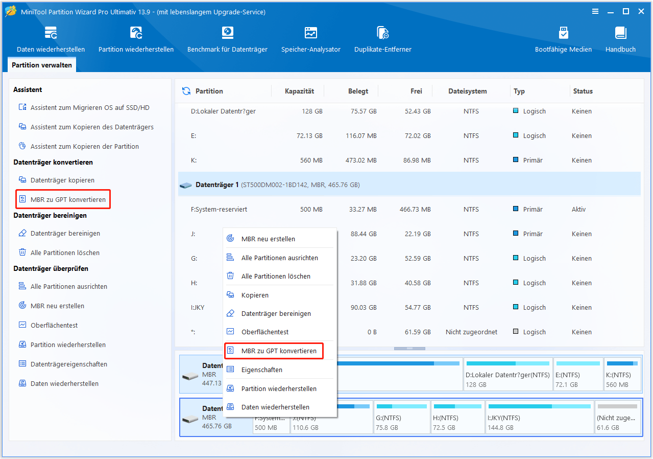 Die Funktion MBR zu GPT konvertieren von MiniTool Partition Wizard.