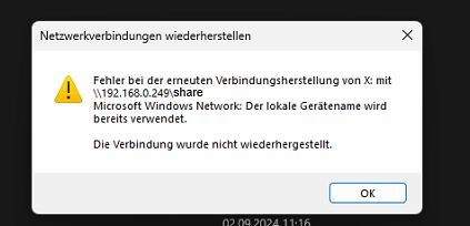 Beispiel für die Fehlermeldung „Der lokale Gerätename wird bereits verwendet“ bei der erneuten Verbindung mit einem NAS.