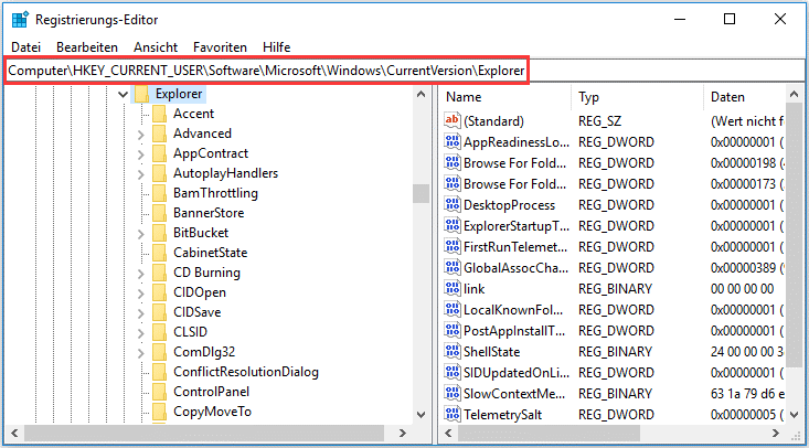 Den Pfad HKEY_CURRENT_USER\Software\Microsoft\Windows\CurrentVersion\Explorer in Registrierungs-Editor anzeigen.