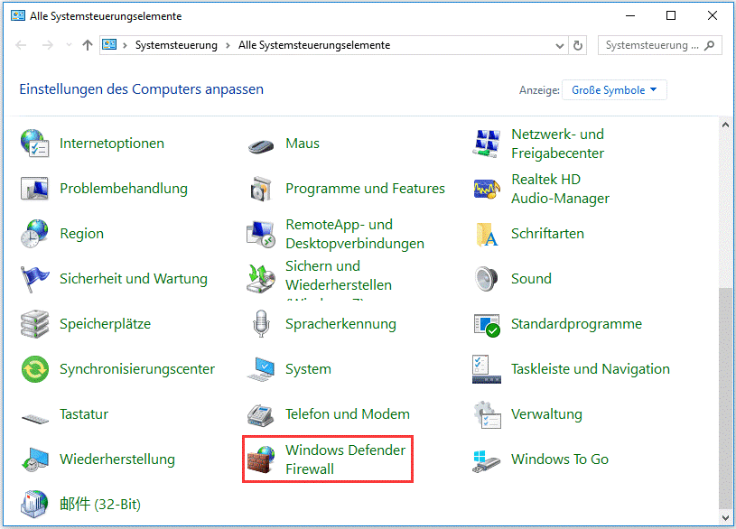 Windows Defender Firewall in der Systemsteuerung nach großem Symbol anzeigen.