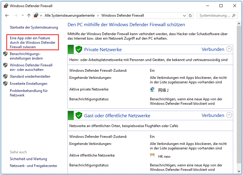 Die Option Eine App oder ein Feature durch die Windows Defender Firewall zulassen in der Schnittstelle von Windows Defender Firewall ankreuzen.