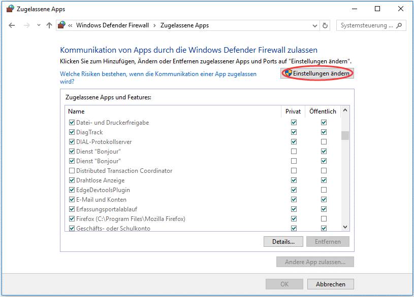 Einstellungen ändern in der Oberfläche von Zugelassene Apps ankreuzen.
