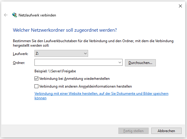 Im Fenster Netzlaufwerk verbinden dem Netzlaufwerk einen anderen Laufwerksbuchstaben zuweisen.