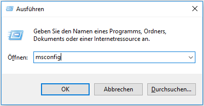 Geben Sie msconfig in das Feld ein und klicken Sie auf OK.