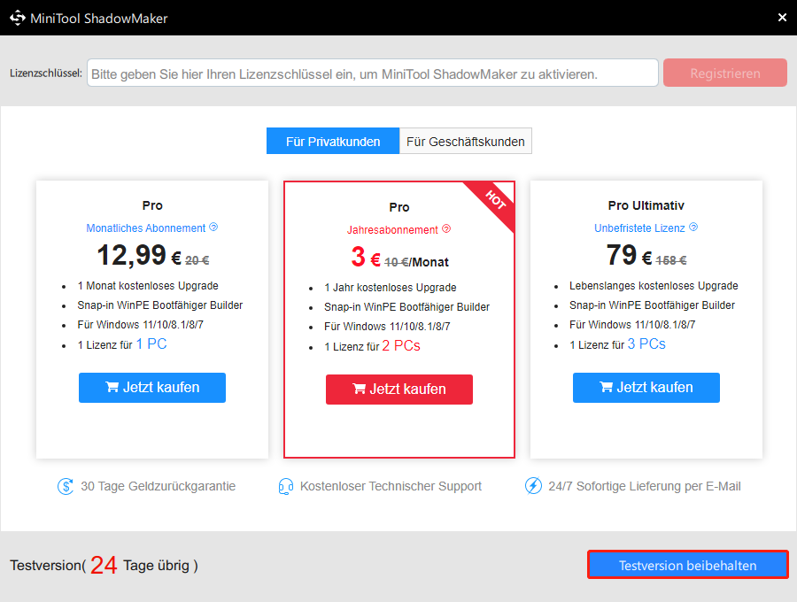 Klicken Sie auf Testversion beibehalten, um die Hauptschnittstelle aufzurufen.