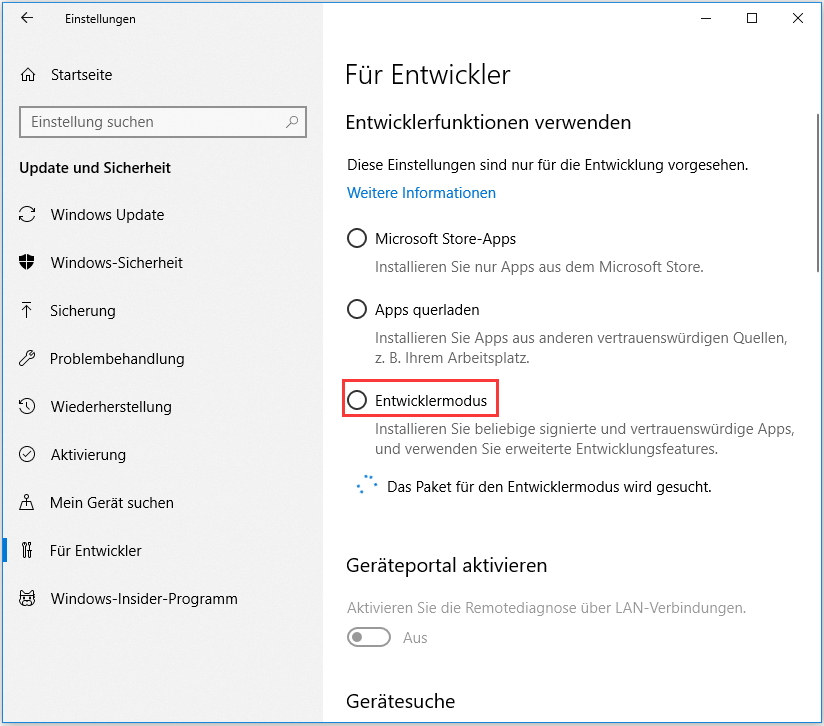 App Side-Loading aktivieren