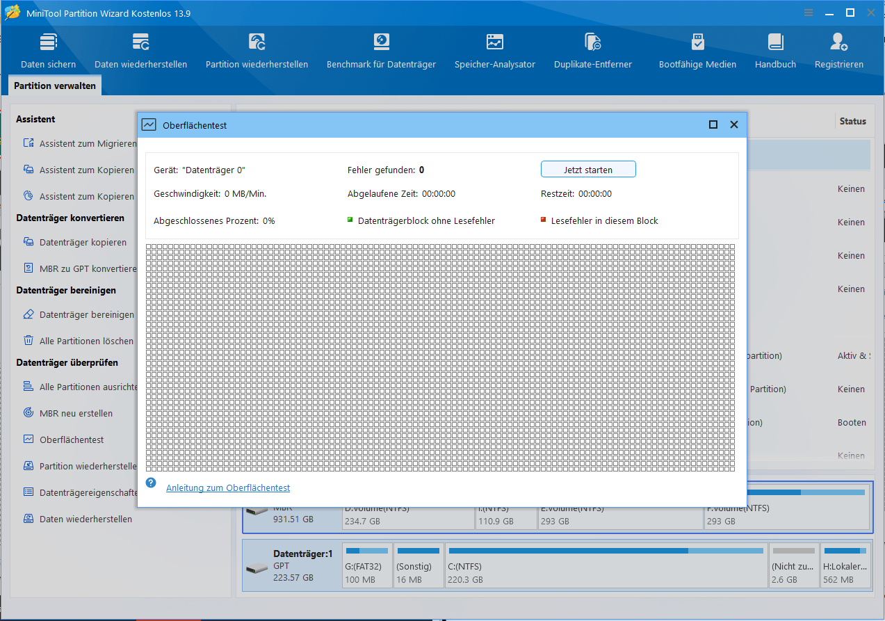 Die Funktion Oberflächentest in MiniTool Partition Wizard