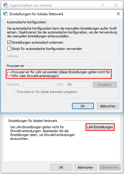 Proxyserver für LAN verwenden.