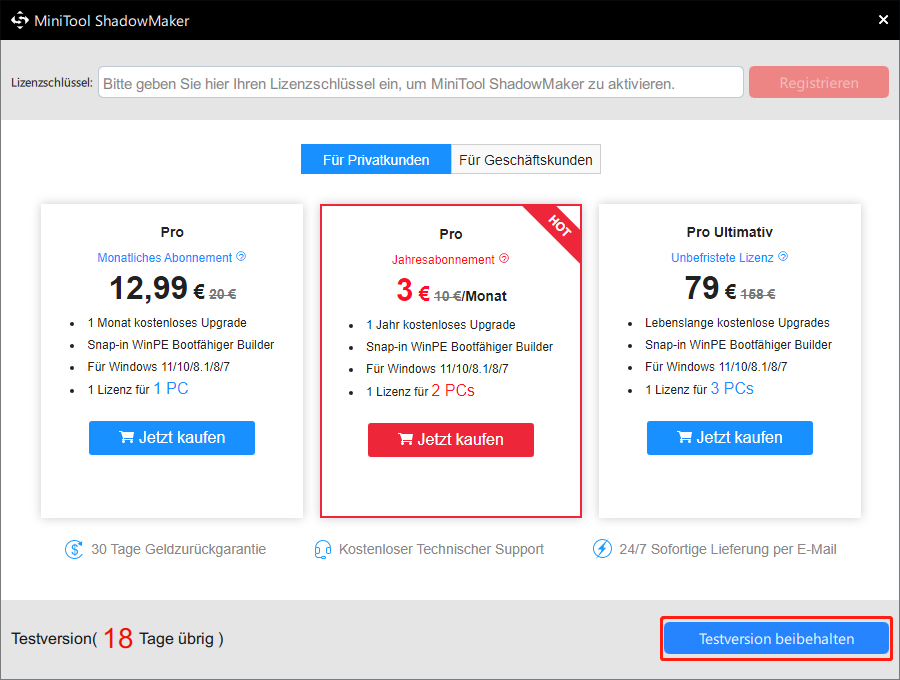 Klicken Sie auf die Schaltfläche Testversion beibehalten.