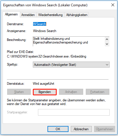 Klicken Sie auf Beenden.