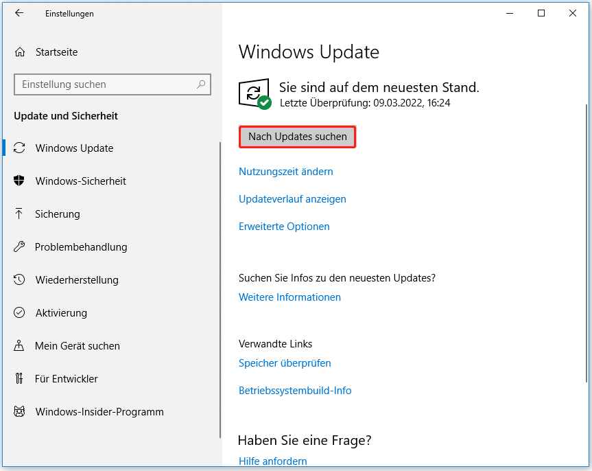 Klicken Sie auf Nach Updates suchen.