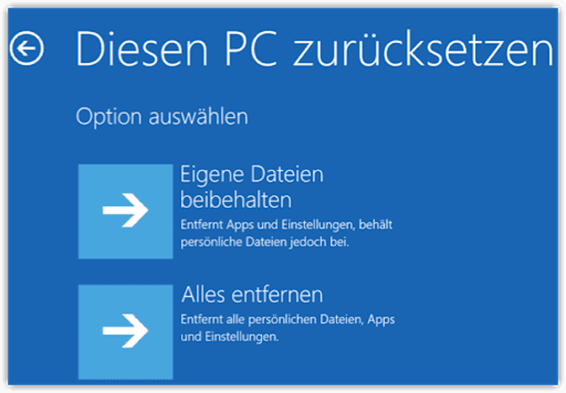 Eigene Dateien beibehalten oder Alles entfernen