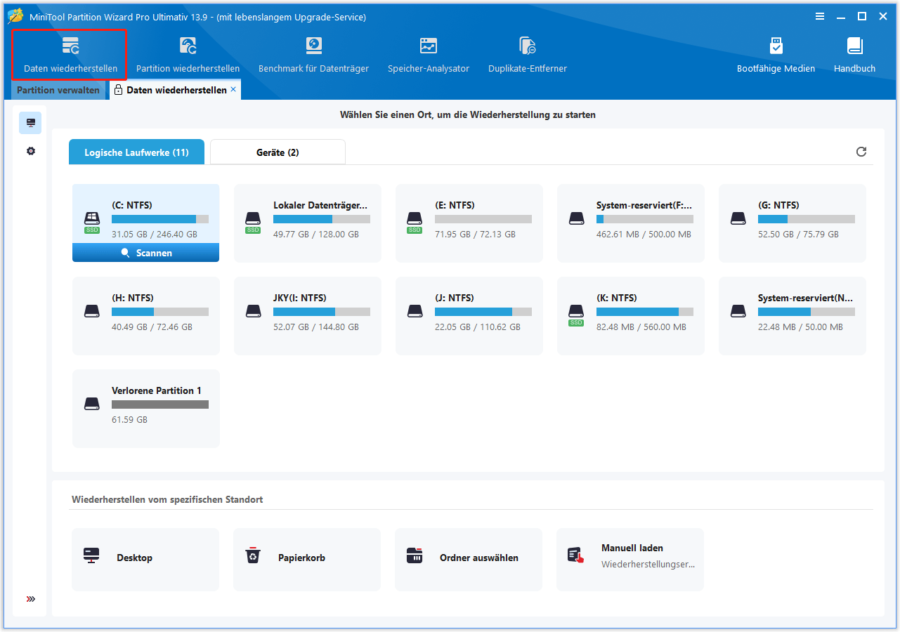 Mit MiniTool Partition Wizard Partition zum Scannen auswählen.