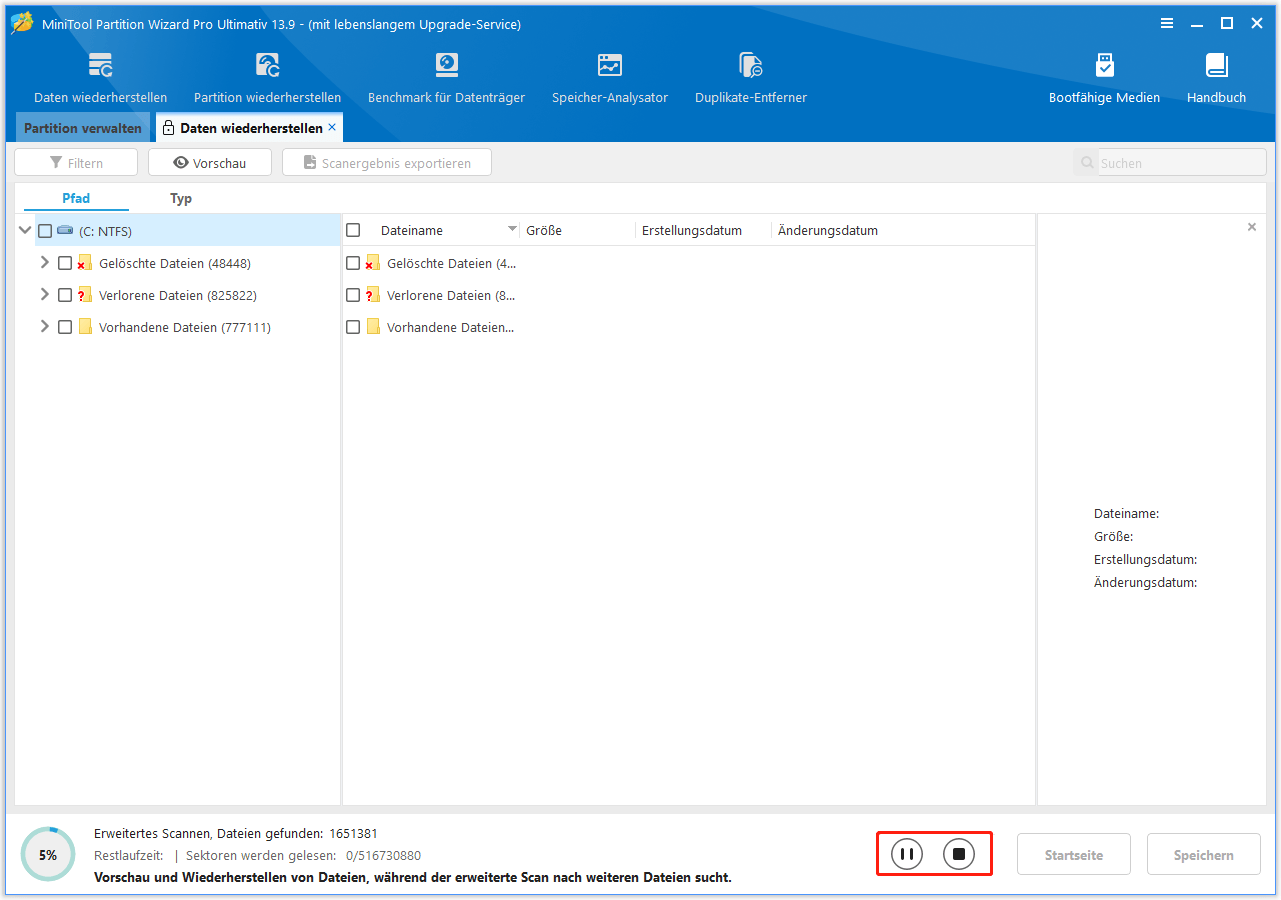 Scanvorgang von MiniTool Partition Wizard.