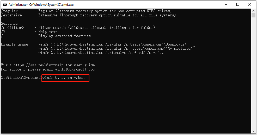 Befehle winfr C: D: /n *.bpn in Windows File Recovery eingeben.