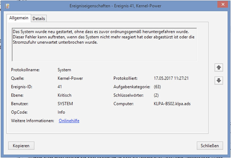 Die Fehlermeldung Kernel Power 41