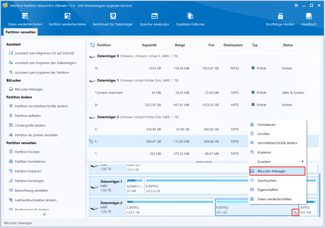 Die Funktion BitLocker-Manager in MiniTool Partition Wizard anzeigen.