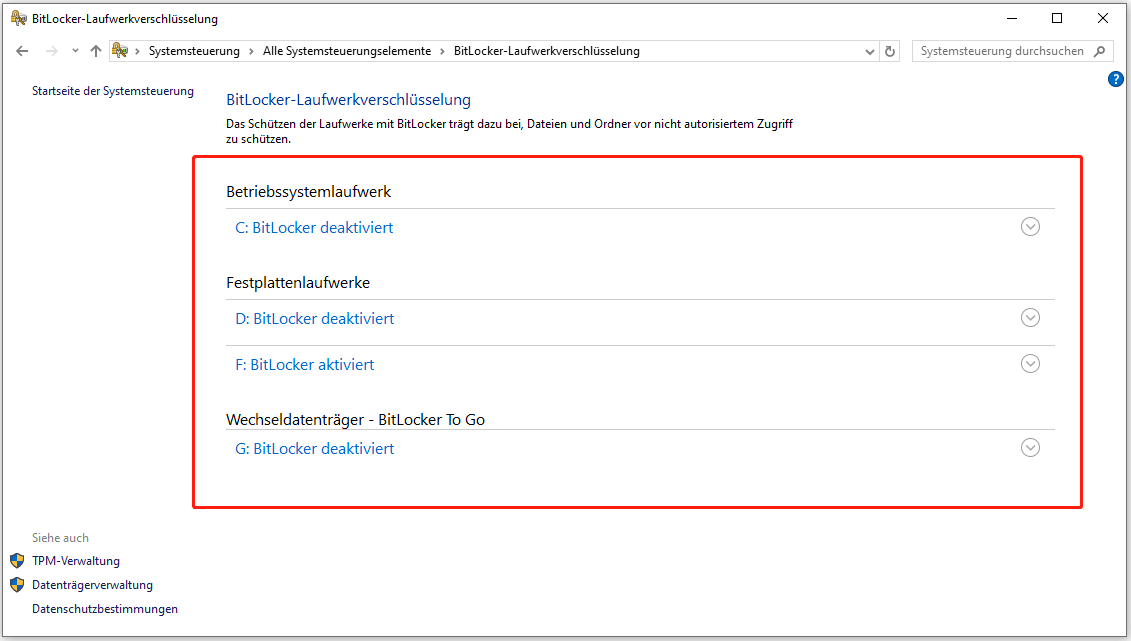 Verschlüsselungsstatus des Laufwerks in Systemsteuerung anzeigen.