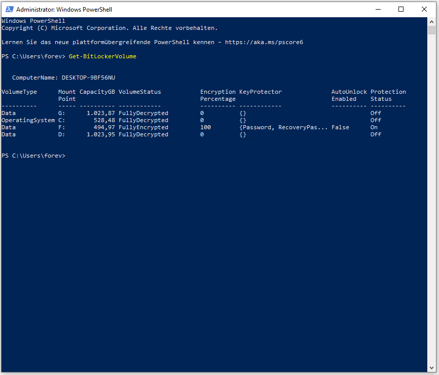 Status des BitLocker-Laufwerks in Windows PowerShell anzeigen.