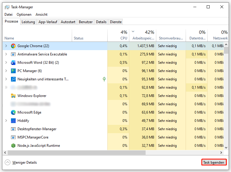 Ein Screenshot zum Beenden ressourcenintensiver Prozesse im Task-Manager.