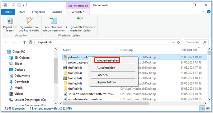 Gelöschte Dateien aus Papierkorb wiederherstellen