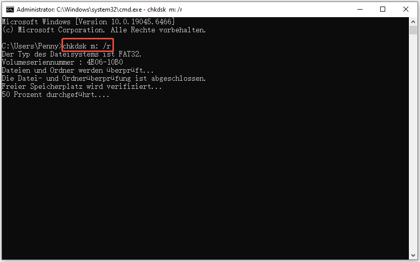 Der Befehl chkdsk m: /r in der Eingabeaufforderung ausgeführt.