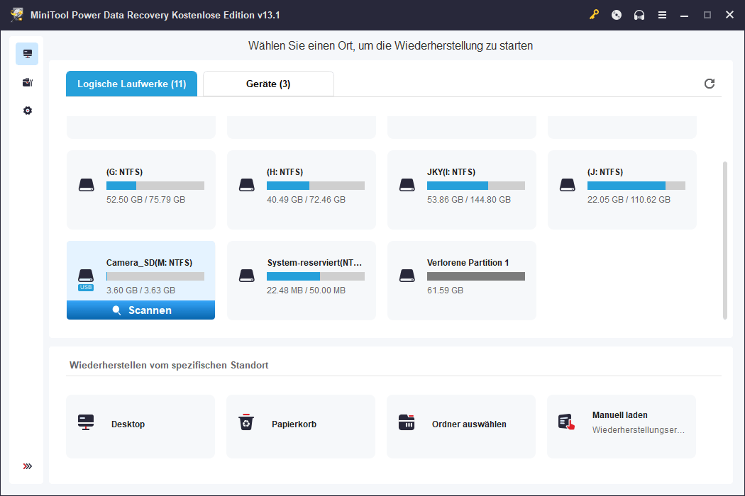SD-Karte im MiniTool Power Data Recovery ausgewählt.