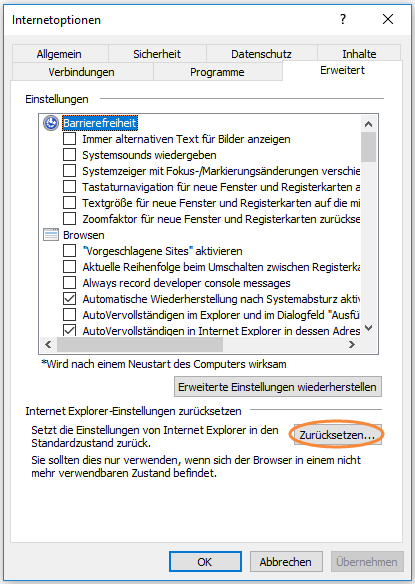 Auf Zurücksetzen klicken