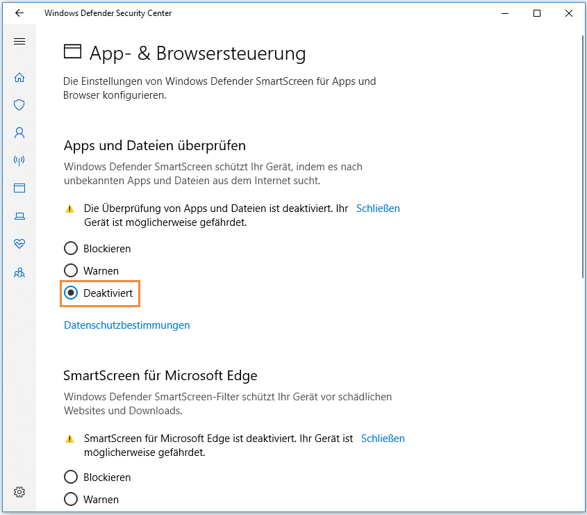 Die Funktion Apps und Dateien überprüfen ausschalten