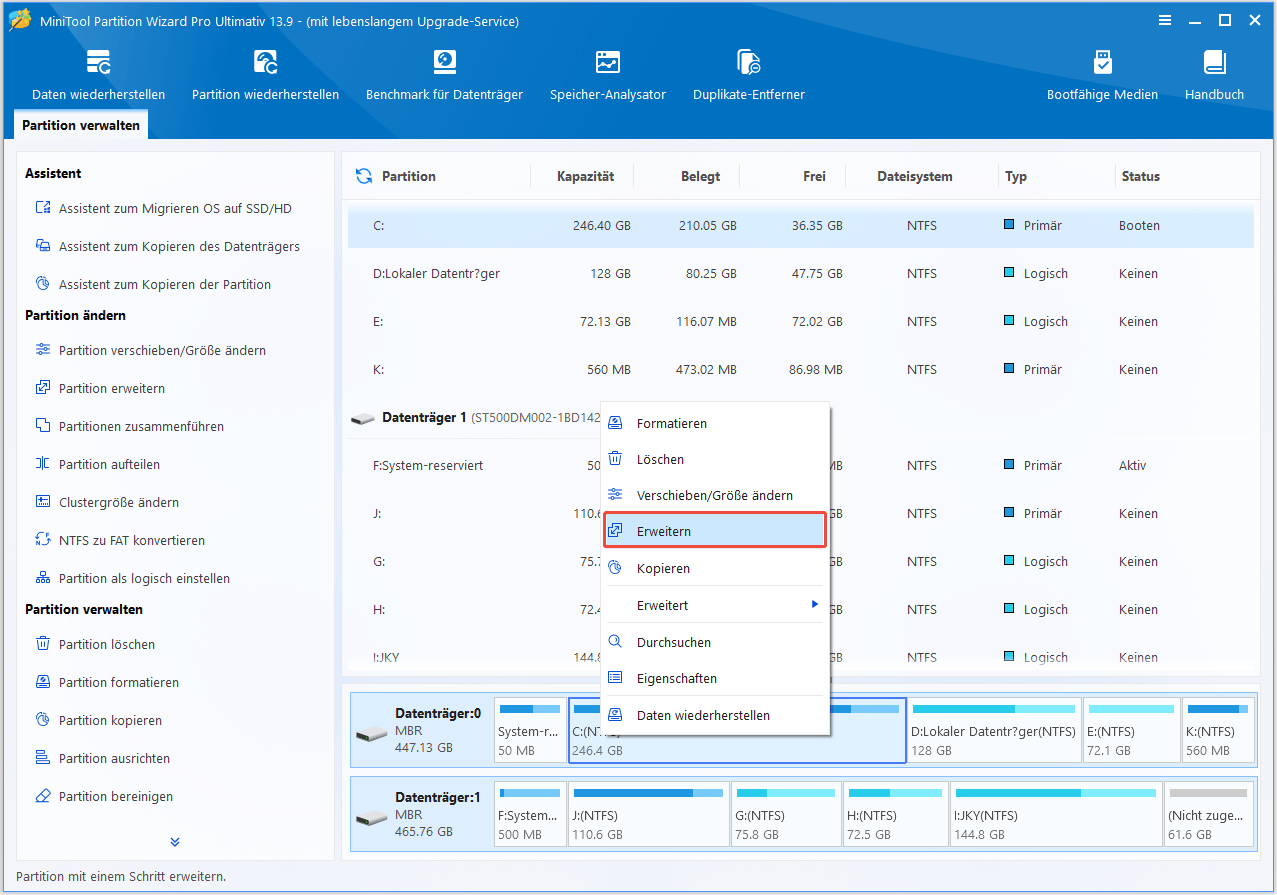 Klicken Sie auf Erweitern im MiniTool Partition Wizard