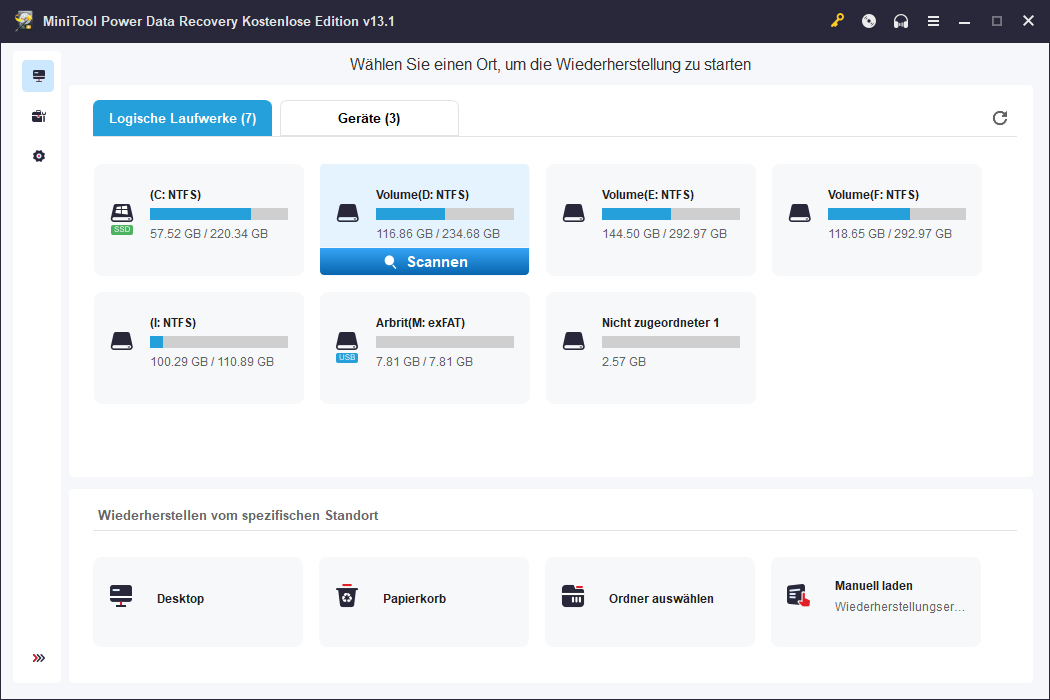 Die Hauptoberfläche von MiniTool Data Recovery